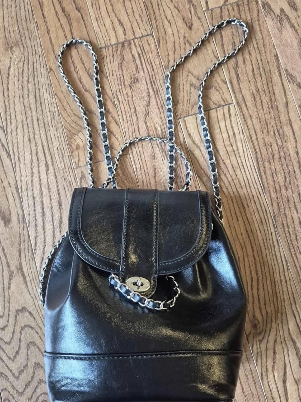 Black Leather Chain-Strap Women's Backpack Purse